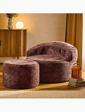 Pouf poltrona decorativa orb con poggiapiedi rotondo milano in tessuto chenille testurizzata - icon