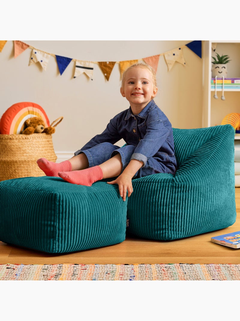 Pouf poltrona per bambini con poggiapiedi quadrato coordinato in velluto a coste - icon Blu pavone - Kiabi