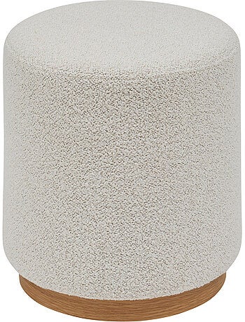 Pouf rotondo in tessuto bouclette con base in legno