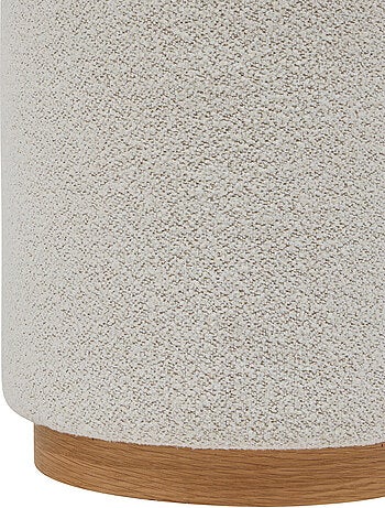 Pouf rotondo in tessuto bouclette con base in legno