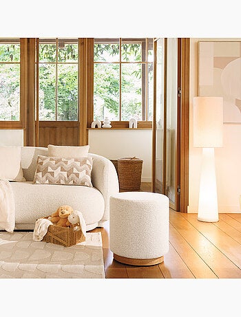 Pouf rotondo in tessuto bouclette con base in legno