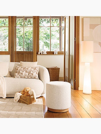 Pouf rotondo in tessuto bouclette con base in legno
