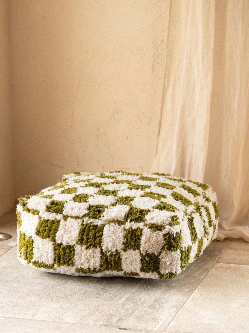Pouff a scacchiera in lana con imbottitura Verde - Kiabi