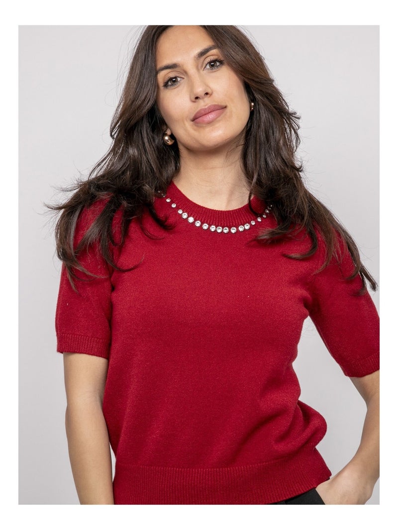 Pull a maniche corte con strass al collo KACOOPER Bordeaux - Kiabi