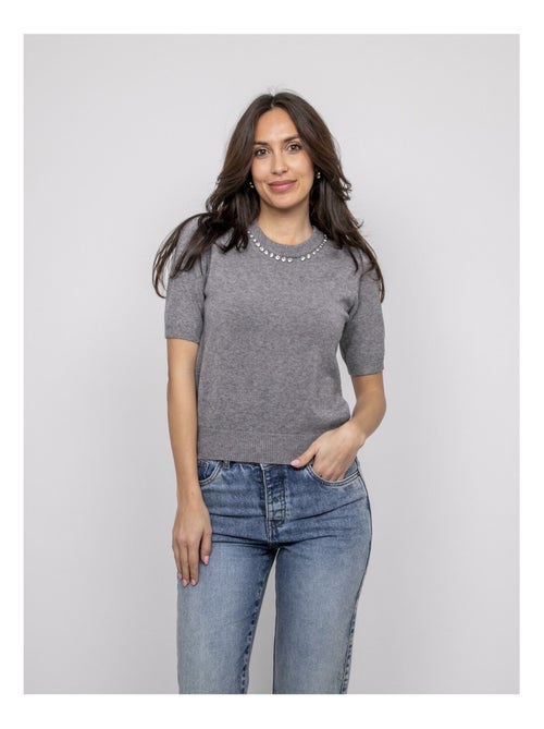 Pull a maniche corte con strass al collo KACOOPER - Kiabi