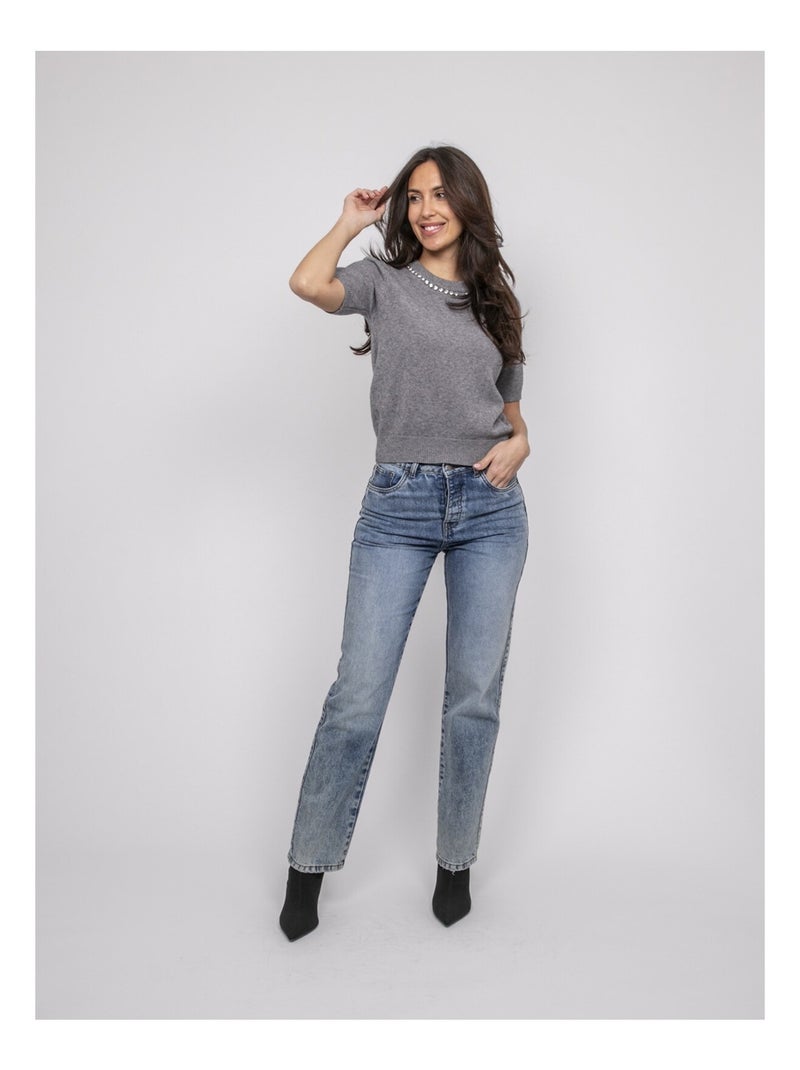 Pull a maniche corte con strass al collo KACOOPER Grigio - Kiabi