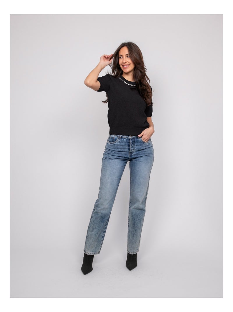 Pull a maniche corte con strass al collo KACOOPER Nero - Kiabi