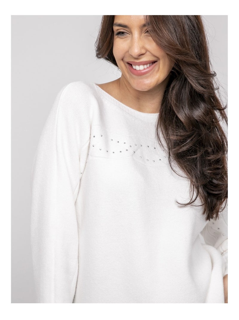 Pull collo a barca con strass KAJU Bianco - Kiabi