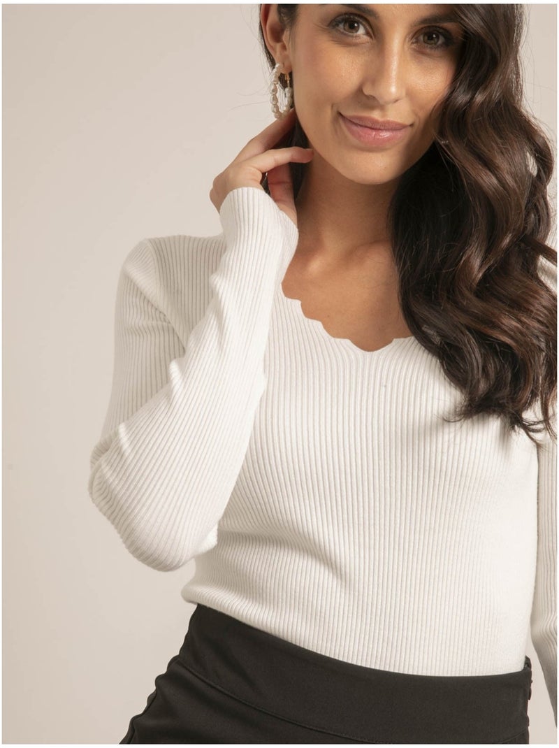 Pull fine scollo a V fantasia KARISSA Bianco - Kiabi