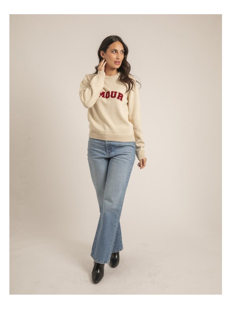 Pull girocollo pur coton message KOURI Beige - Kiabi