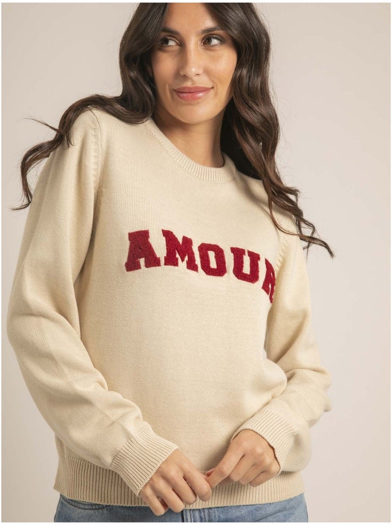 Pull girocollo pur coton message KOURI Beige - Kiabi