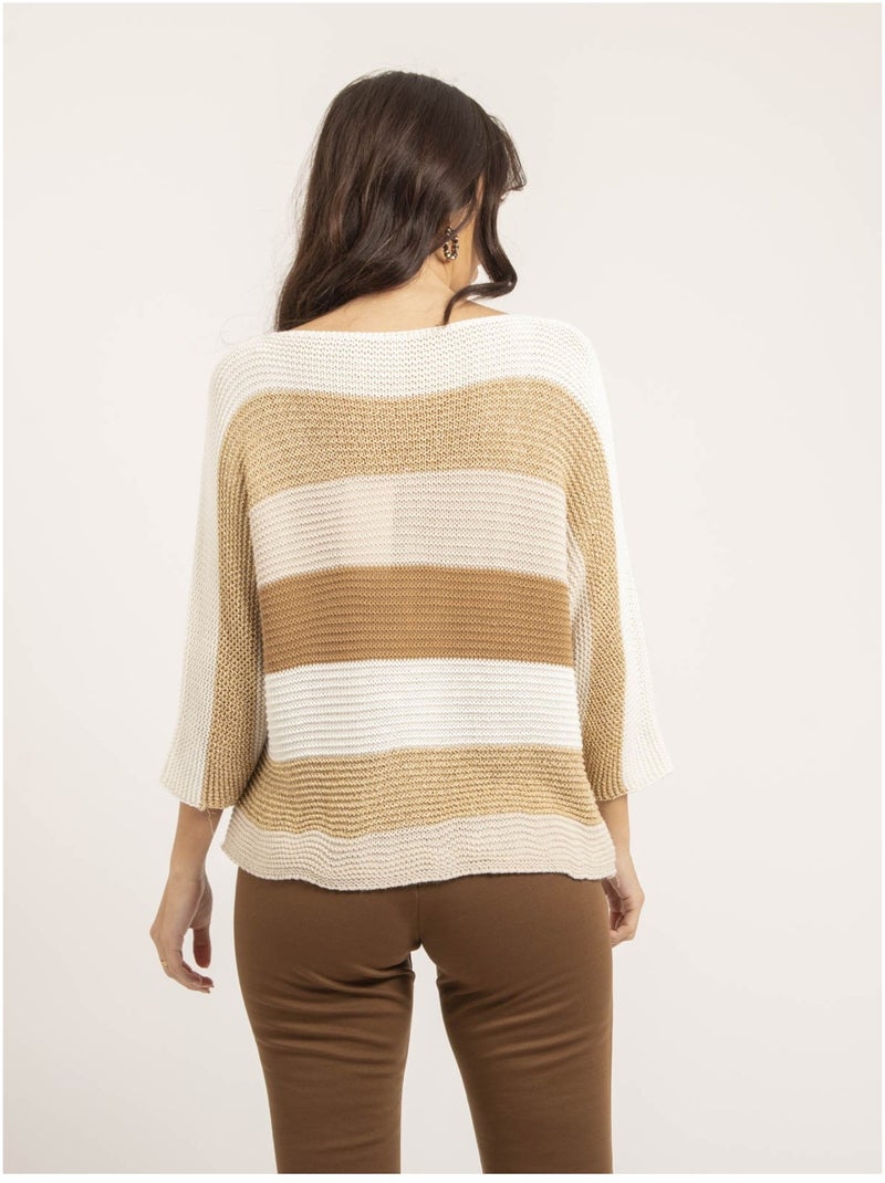 Pull léger col rond rayures KLAO Ecru - Kiabi