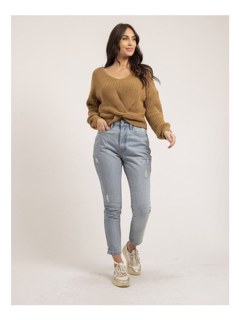 Pull scollo a V avec nœud KIRVINA Beige - Kiabi