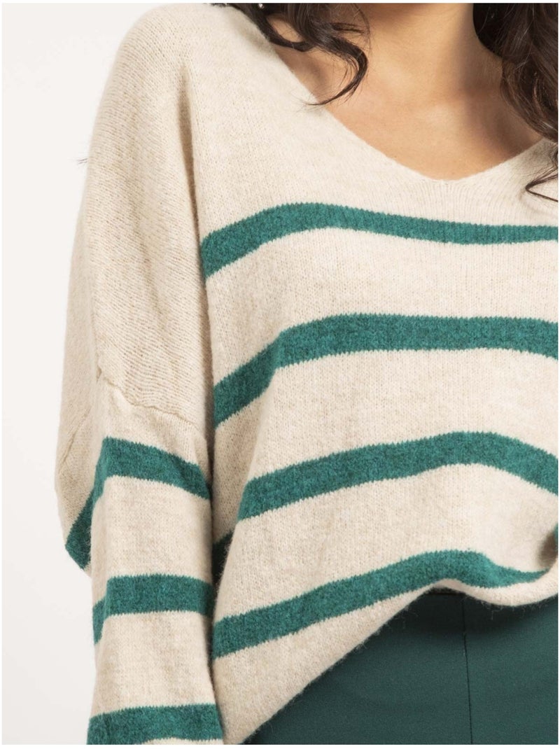 Pull scollo a V rayures KLERVI Verde - Kiabi