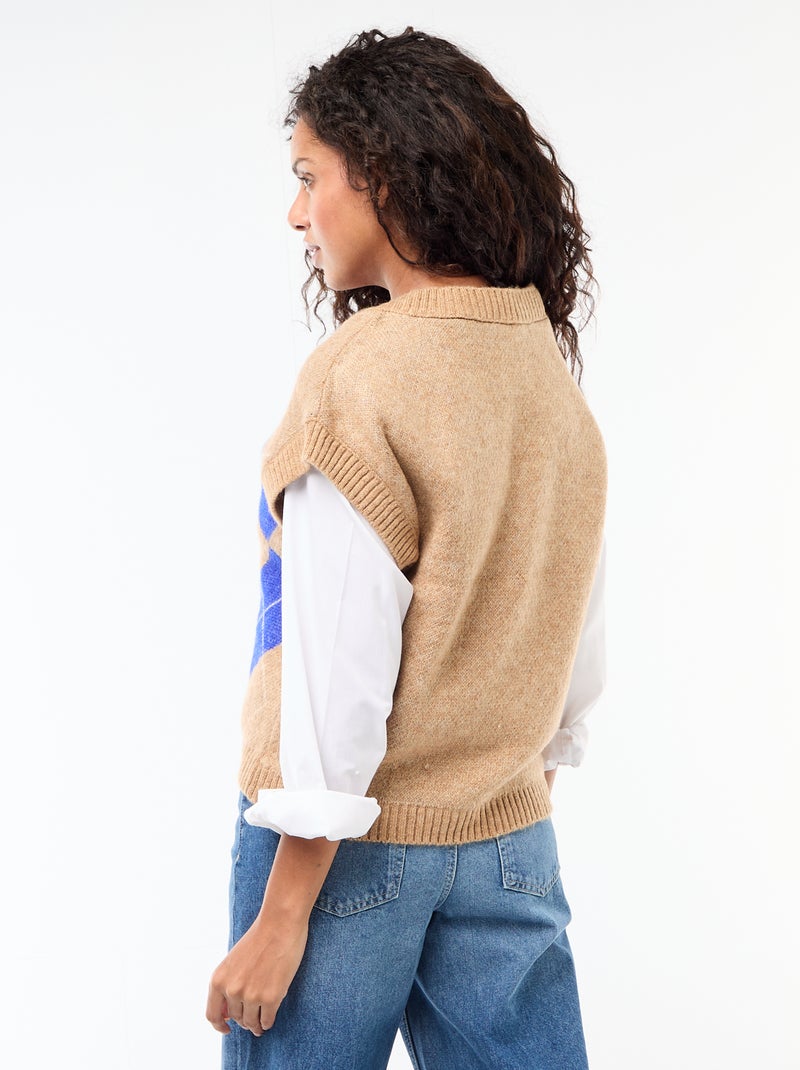 Pull senza maniche con motivo a losanghe Beige - Kiabi