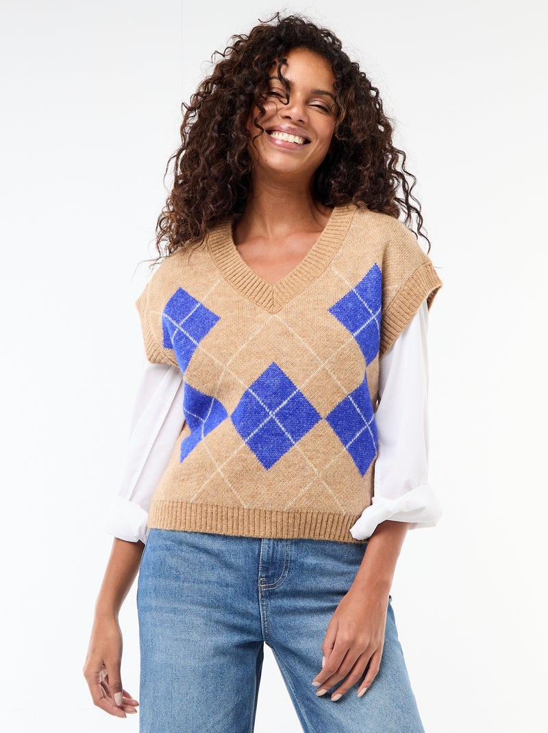 Pull senza maniche con motivo a losanghe Beige - Kiabi
