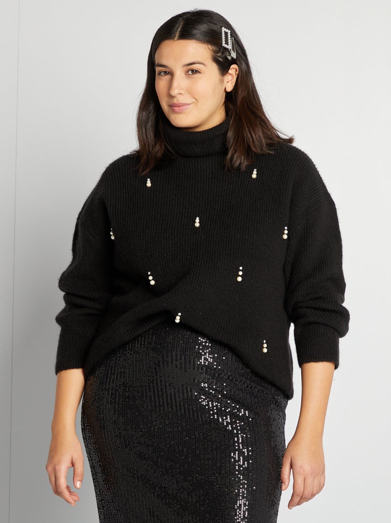 Pullover a collo alto lavorato a maglia con perle fantasia nero - Kiabi