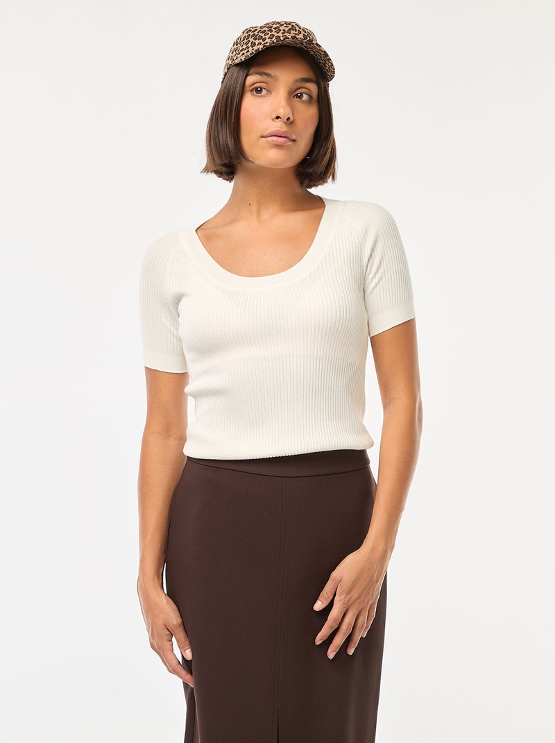 Pullover a coste con maniche corte e scollo tondo lento Bianco - Kiabi