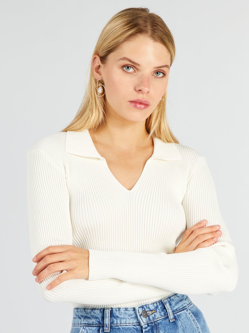 Pullover a coste con scollo a V BIANCO - Kiabi