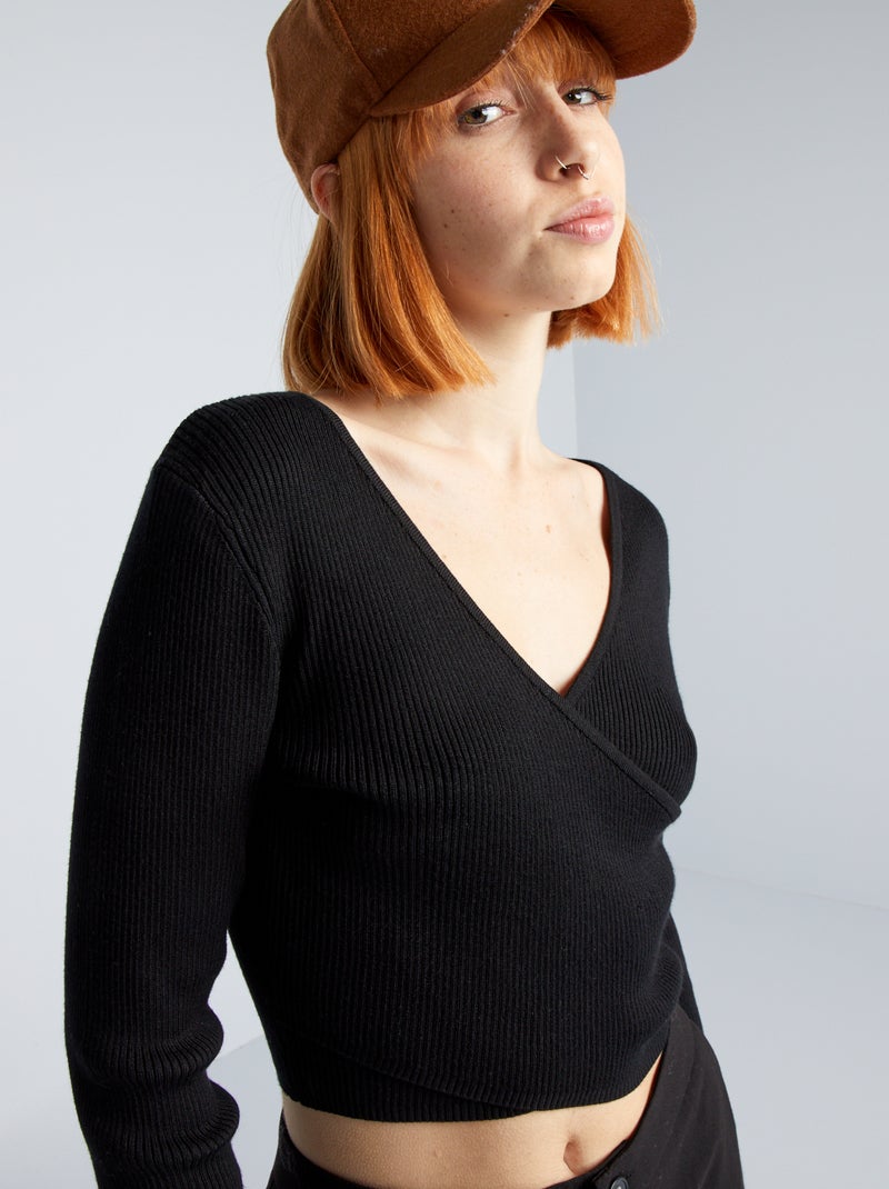 Pullover a coste con scollo incrociato nero - Kiabi