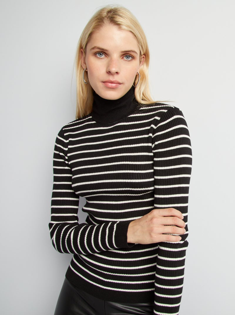 Pullover a dolcevita in maglia a coste a righe NERO - Kiabi