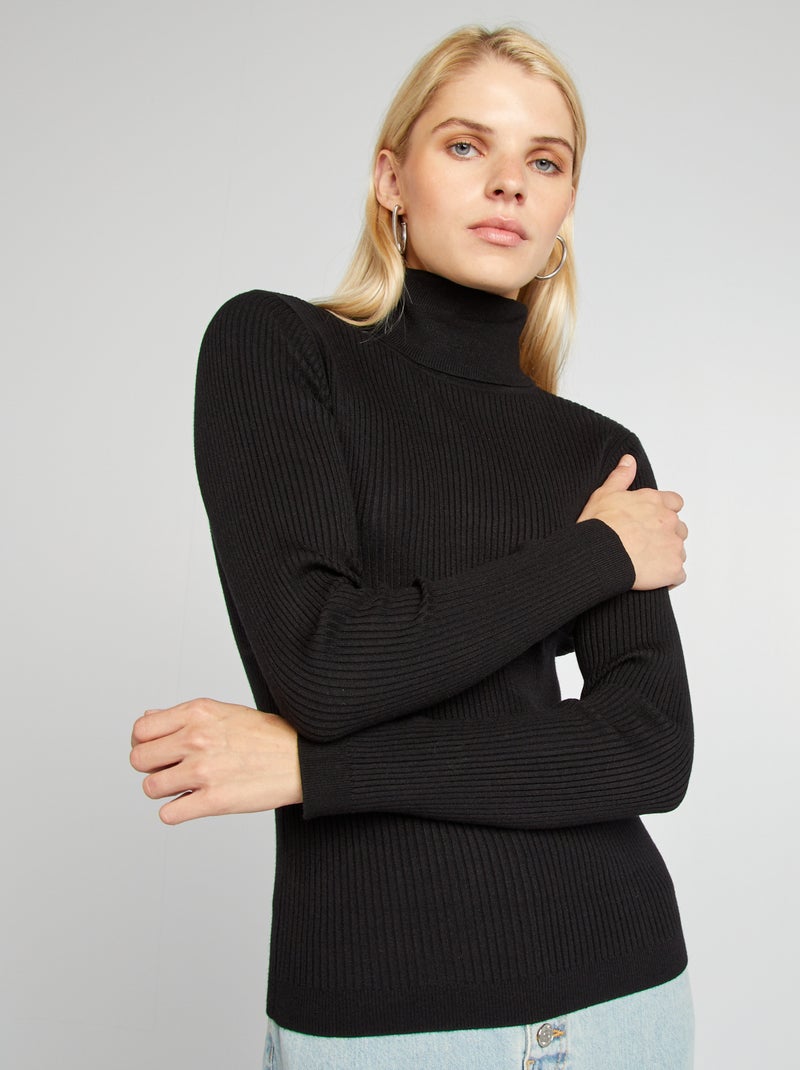 Pullover a dolcevita in maglia a coste nero - Kiabi
