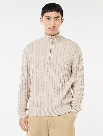 Pullover collo a lupetto con zip e lavorazione a trecce in cotone