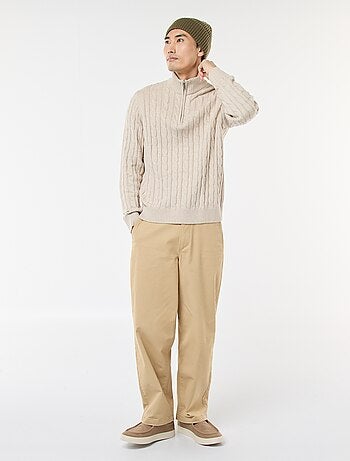 Pullover collo a lupetto con zip e lavorazione a trecce in cotone