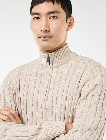 Pullover collo a lupetto con zip e lavorazione a trecce in cotone