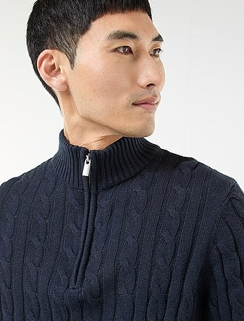 Pullover collo a lupetto con zip e lavorazione a trecce in cotone