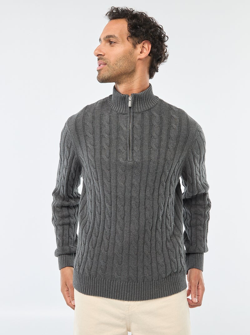 Pullover collo a lupetto con zip e lavorazione a trecce in cotone Grigio - Kiabi