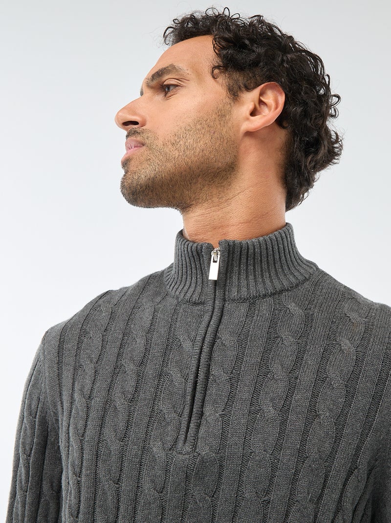 Pullover collo a lupetto con zip e lavorazione a trecce in cotone Grigio - Kiabi