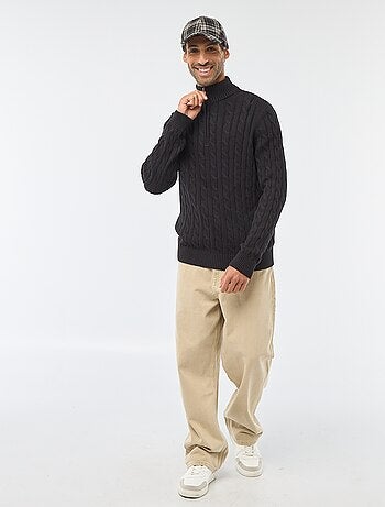 Pullover collo a lupetto con zip e lavorazione a trecce in cotone