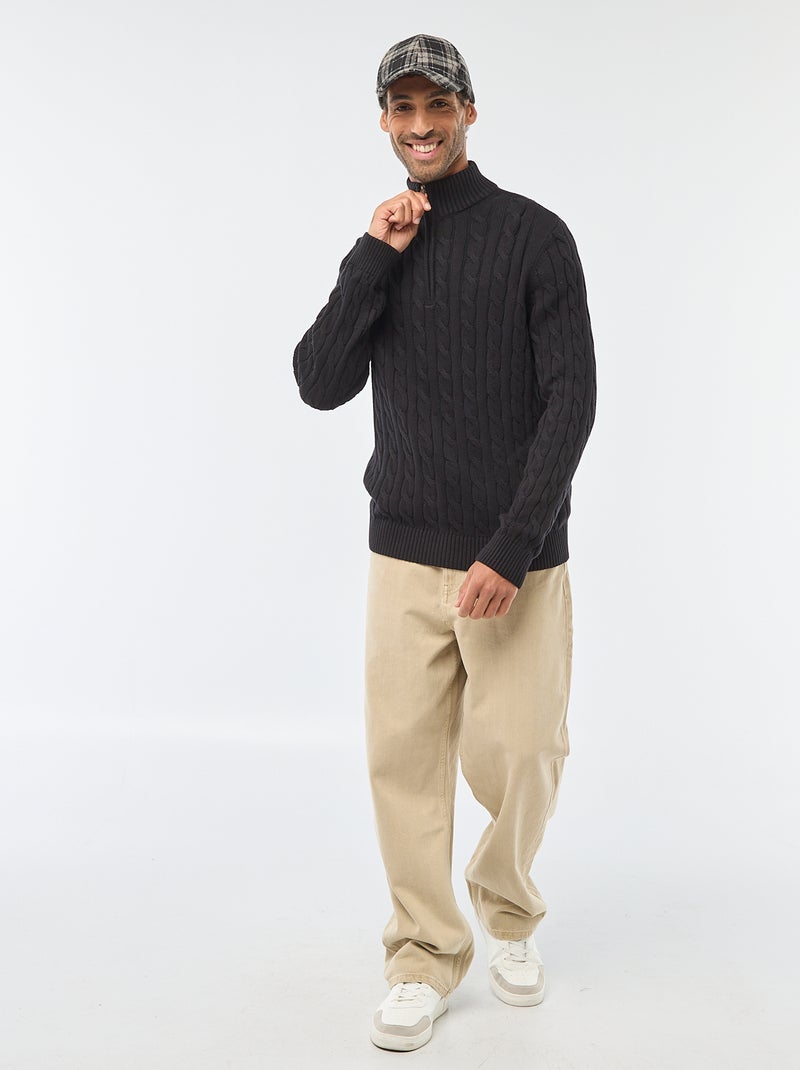 Pullover collo a lupetto con zip e lavorazione a trecce in cotone Nero - Kiabi