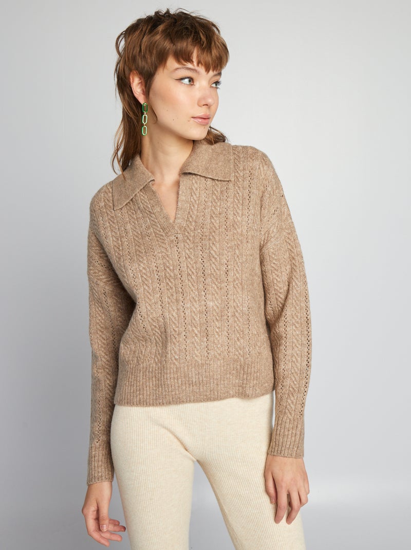 Pullover con scollo a V in maglia con lavorazione a trecce BEIGE - Kiabi