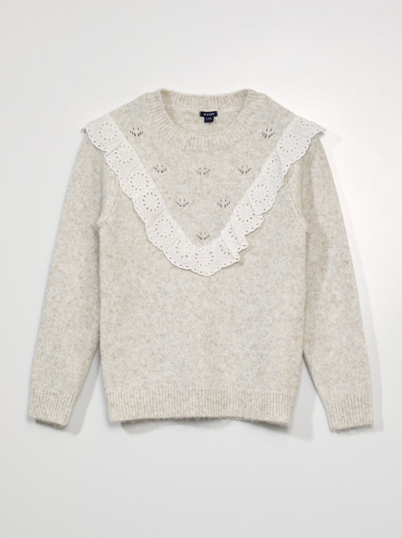 Pullover con volant e ricami a punto inglese BEIGE - Kiabi