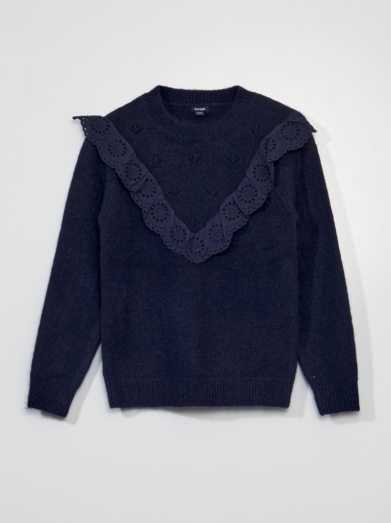 Pullover con volant e ricami a punto inglese blu nero - Kiabi