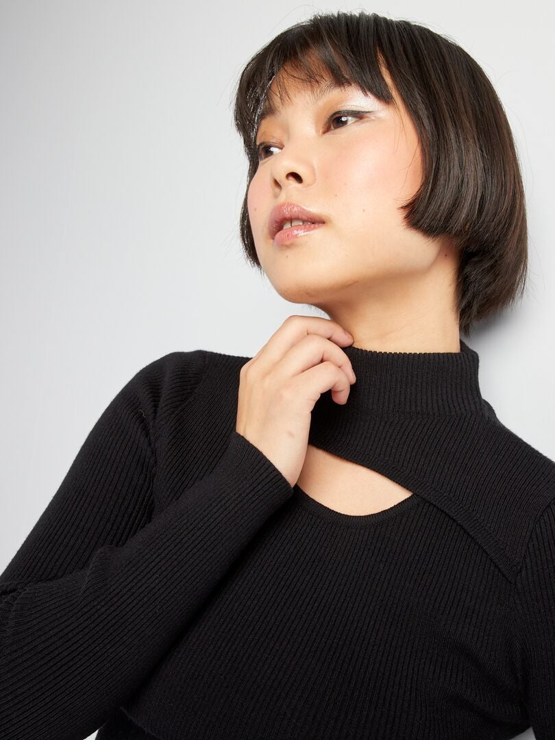 Pullover in maglia a coste con collo alto nero - Kiabi