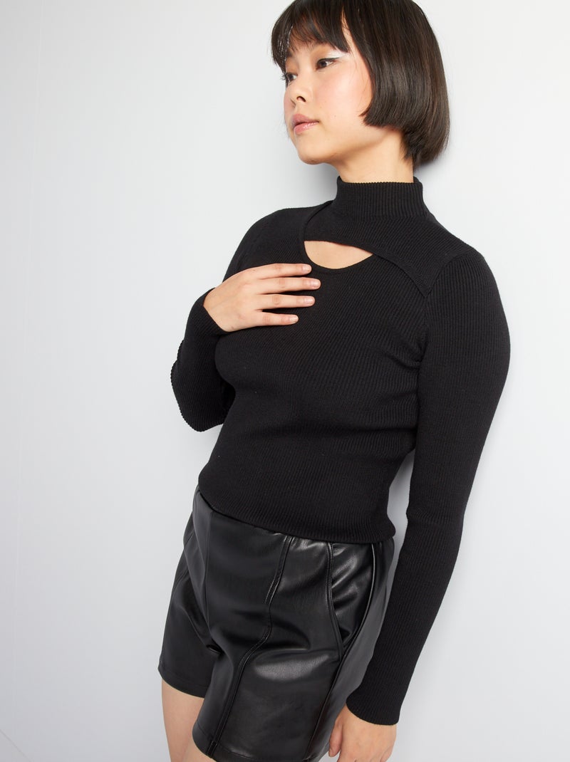 Pullover in maglia a coste con collo alto nero - Kiabi