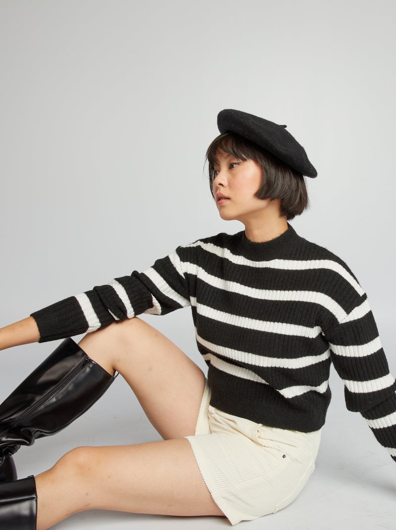 Pullover in maglia a coste con scollo tondo Nero/Bianco - Kiabi