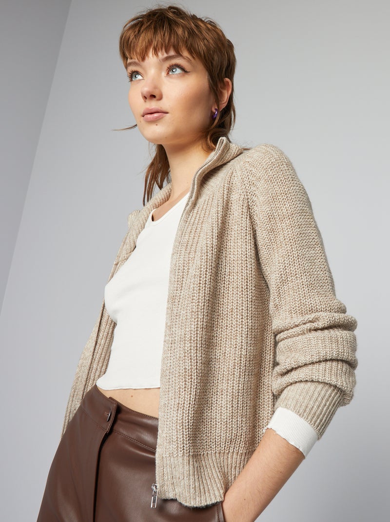 Pullover in maglia con apertura con zip BEIGE - Kiabi