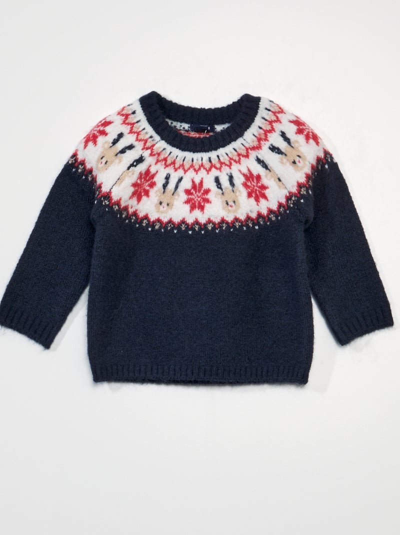 Pullover in maglia con cervo e fiocchi di neve BLU - Kiabi