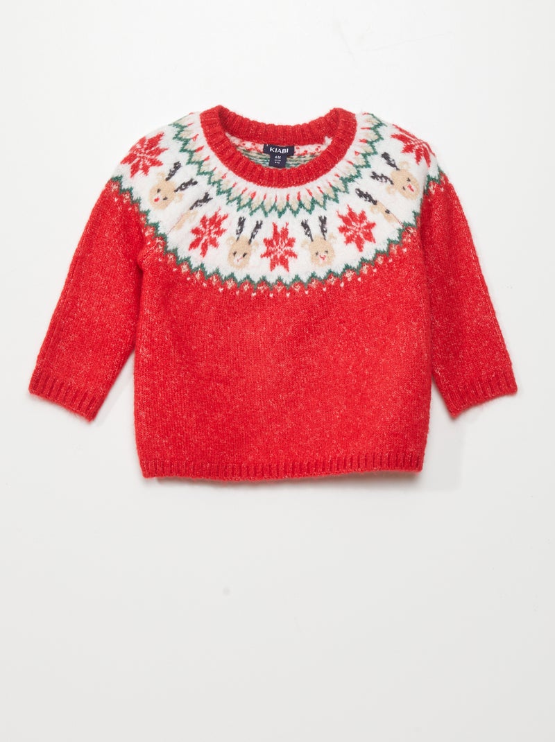 Pullover in maglia con cervo e fiocchi di neve ROSSO - Kiabi