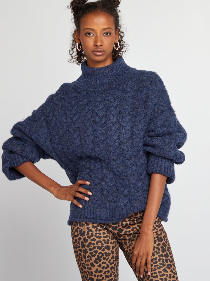 Pullover in maglia con lavorazione a trecce e collo dolcevita BLU - Kiabi