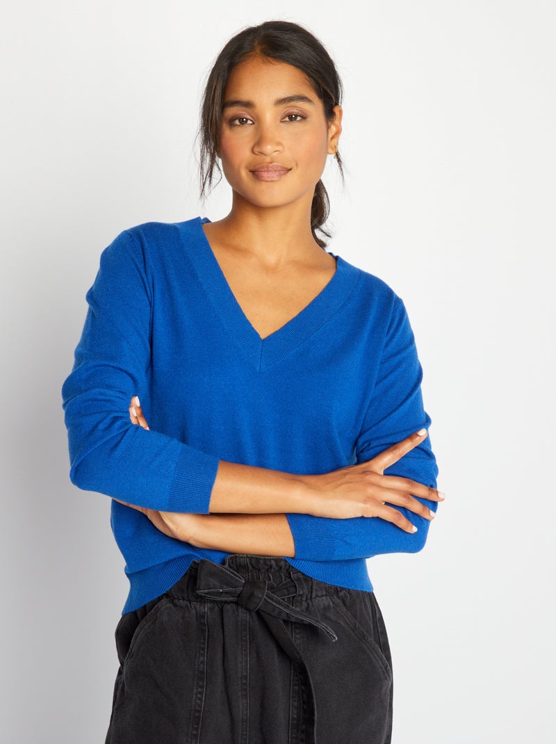 Pullover in maglia con scollo a V blu - Kiabi
