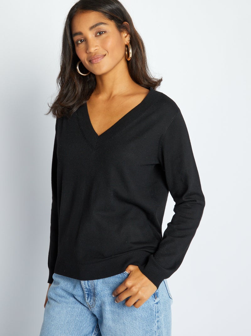 Pullover in maglia con scollo a V Nero - Kiabi