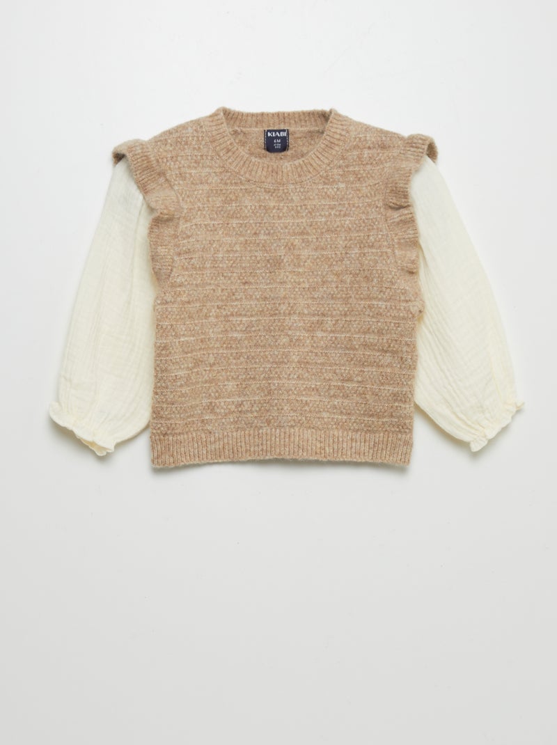 Pullover in maglia e garza di cotone BEIGE - Kiabi