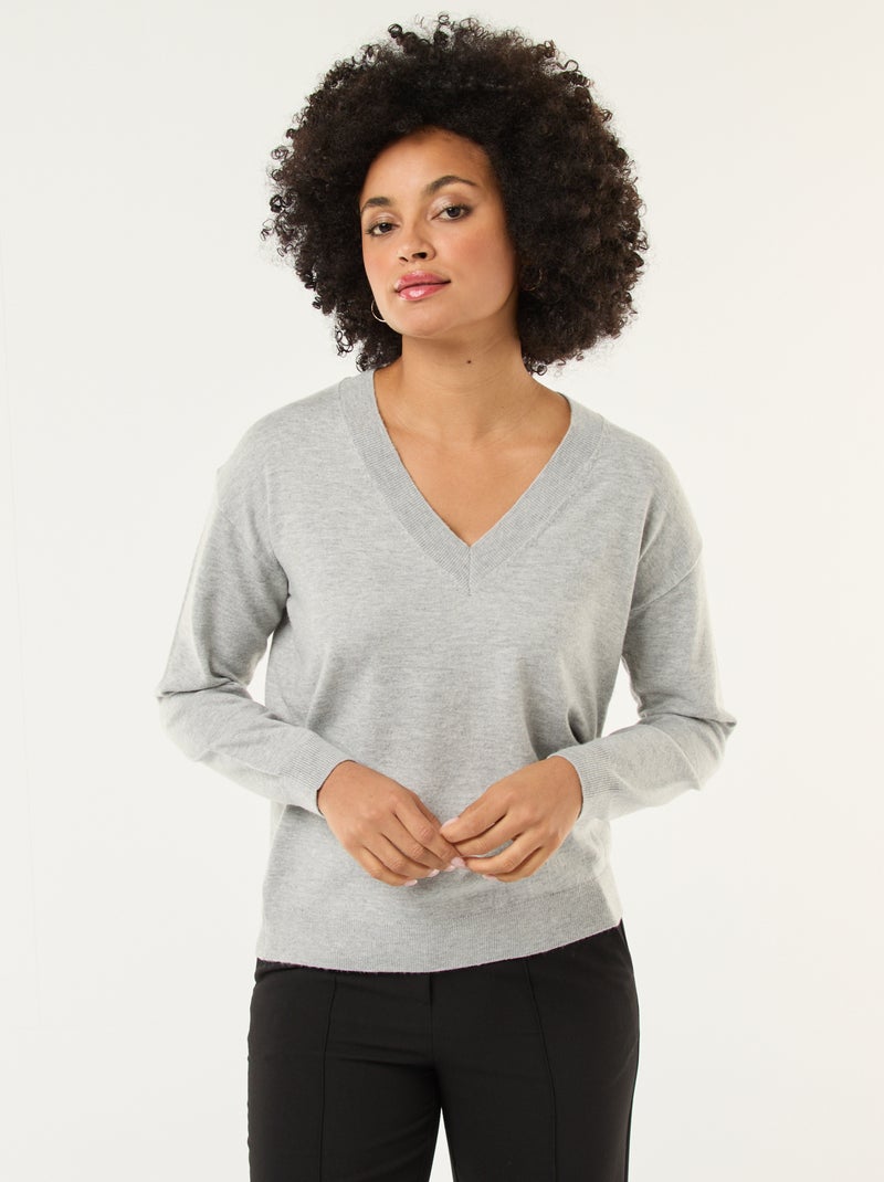 Pullover in maglia leggera scollo a V Grigio - Kiabi