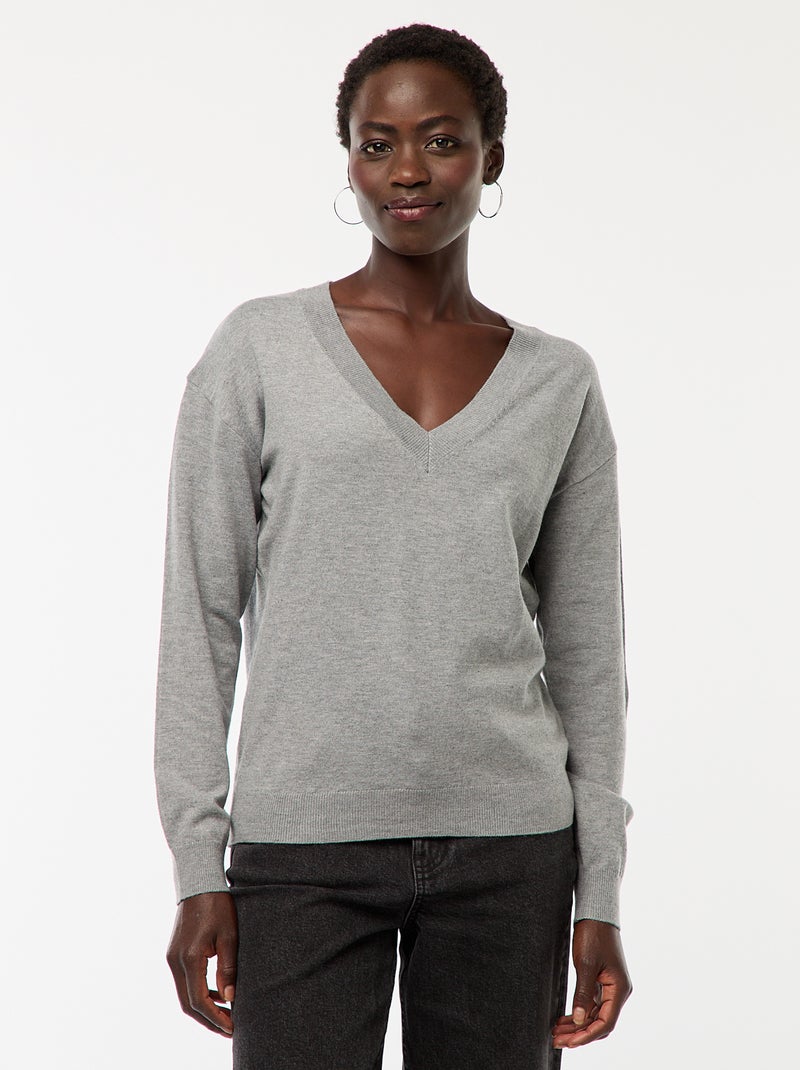 Pullover in maglia leggera scollo a V Grigio - Kiabi
