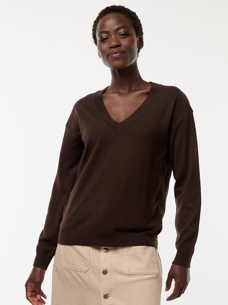 Pullover in maglia leggera scollo a V Marrone - Kiabi